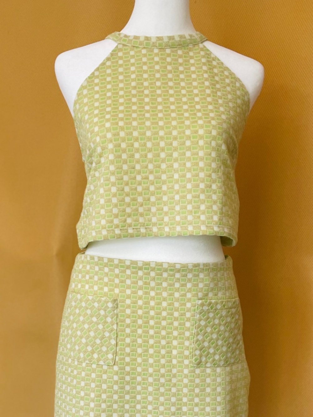 Forever 21 Green and Gold Speckled Mod 2 Piece Halter Top Skirt L Retro